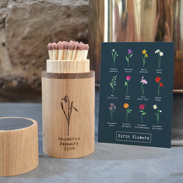 Long Match Box with 'Birth Flower' design and the year of birth for each child
