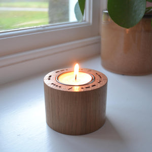 Oak Candle Holder - select one of our 'Valentine' Morse Code messages