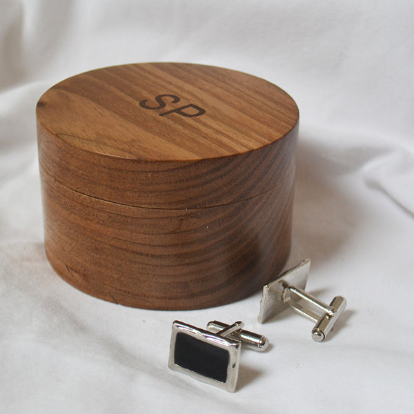 Round Valuables Box in English Elm with inlaid rosewood initials